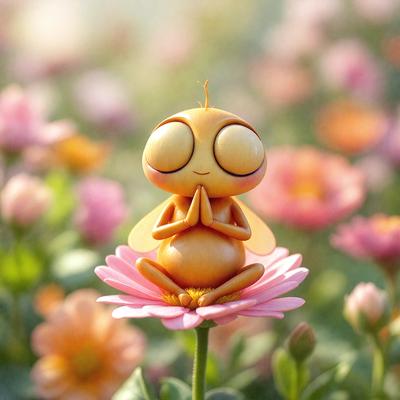 The primary subject of the image is a small, cute, and yellow figurine of a bee sitting on a pink flower. The setting is a garden with a variety of flowers surrounding the bee figurine. The visual style is a combination of photo and digital art, creating a whimsical and charming scene. The colors and mood of the image are predominantly pink and yellow, giving it a warm and cheerful atmosphere.